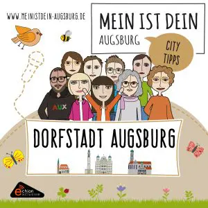 Header der Podcast-Produktion Dorfstadt Augsburg mit Grafik von Personen vor Augsburger Kulisse