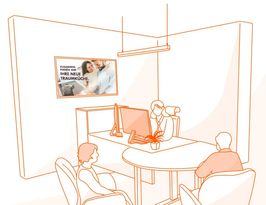 Illustration von Digital Signage für Beratungssituationen in einem Küchenstudio. Eine weibliche Person zeigt zwei Kunden etwas auf einem Bildschirm.