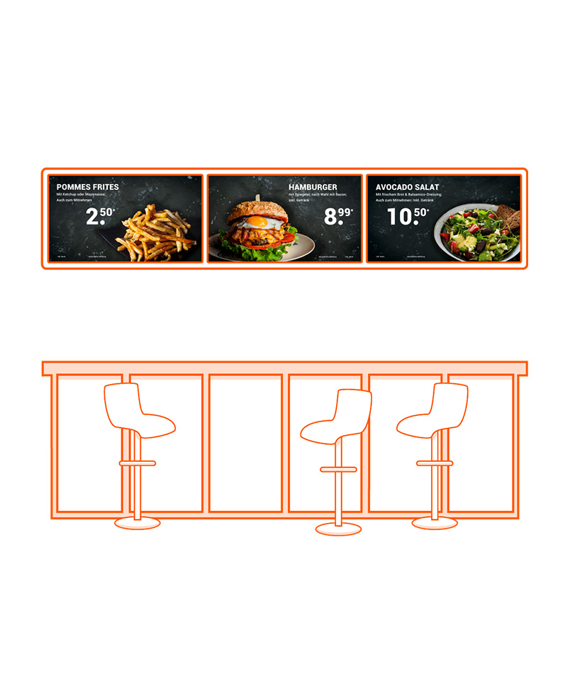 Grafik eines digitalen Menüboards mit drei verschiedenen Restaurant-Angeboten über einem Tresen mit drei Barhockern