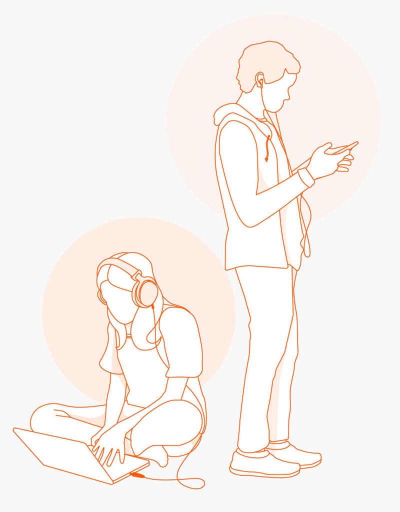 Grafik von einer Frau, die am Boden sitzt mit Kopfhörern und Laptop, daneben ein Mann am Handy und mit Ohrstöpseln