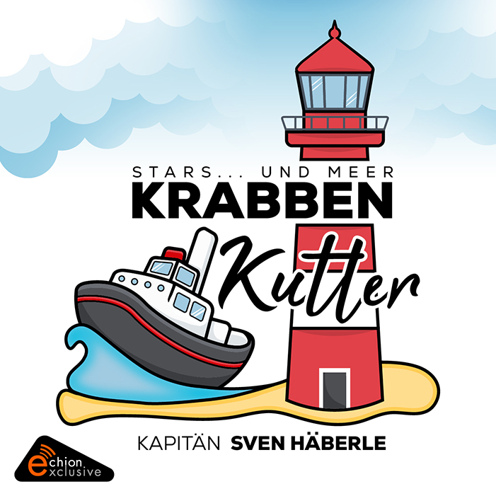 Grafik Leuchhturm, Schiff, Text Krabbenkutter