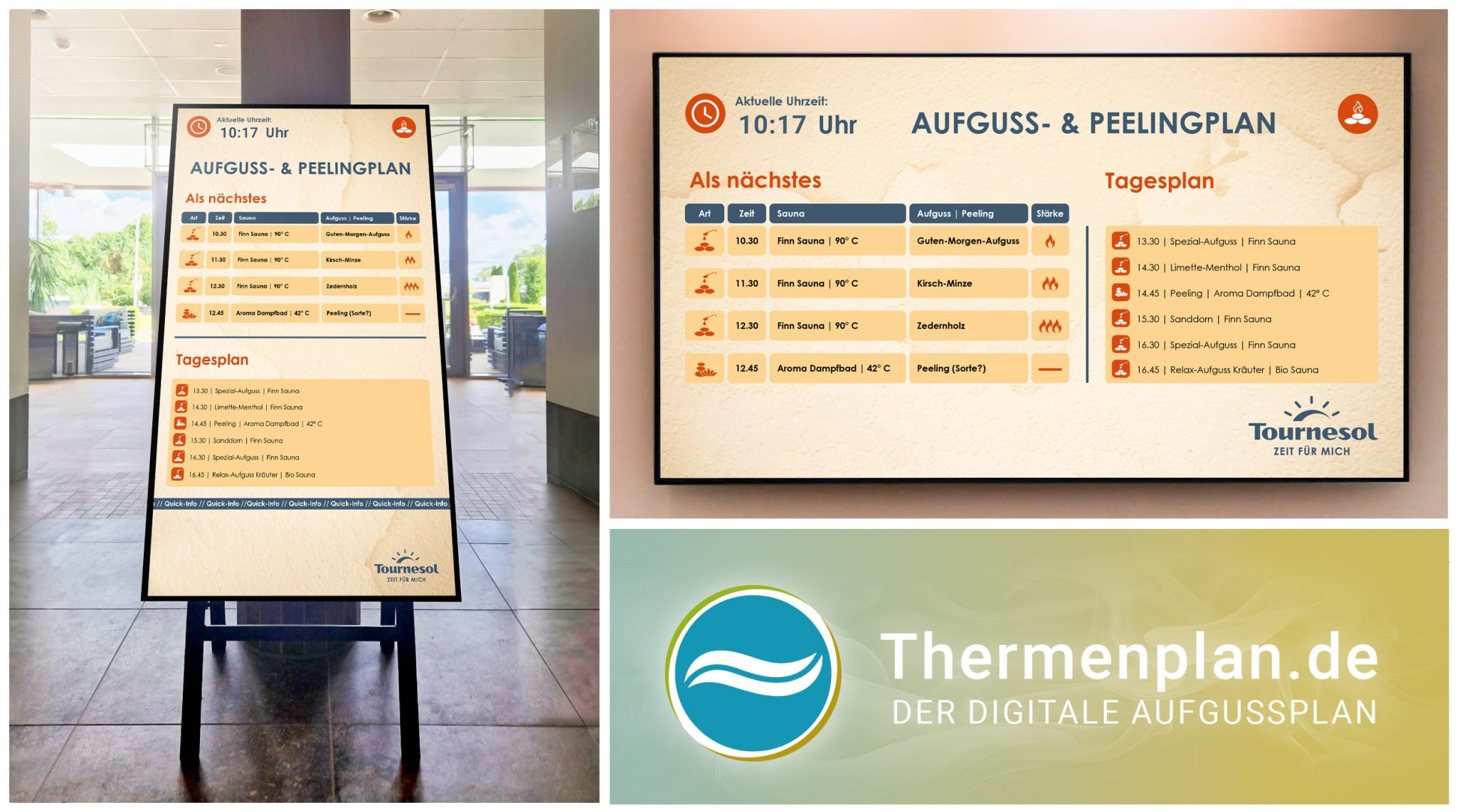 Digitaler Aufguss- und Peelingplan auf Bildschirmen stehend und an der Wand hängend